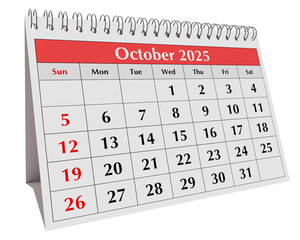 October 2025 calendar. Page of annual business desk month autumn calendar isolated on transparent