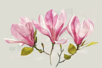 Obraz premium Watercolor-style illustration of three pink magnolia blossoms on a branch with buds and leaves, set against a muted grey-beige background with subtle watercolor texture