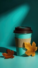 Teal Coffee Cup With Autumn Leaves