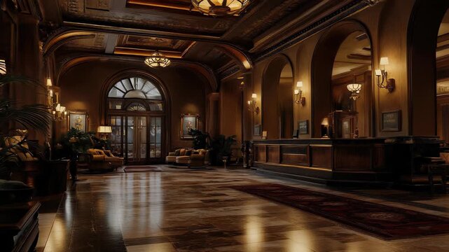 Grand Hotel Lobby Interior with Ornate Woodwork, Marble Flooring, and Elegant Lighting Fixtures, Featuring Reception Desk and Seating Area