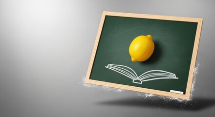 Floating Chalkboard with Lemon and Open Book, Educational Concept
