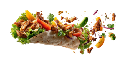 Turkish Kebab yufka with flying ingredients isolated on a white background