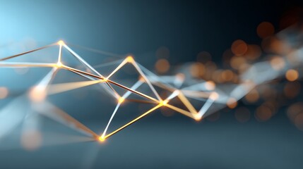 Golden lines forming a plexus are connecting nodes, creating a visual representation of data flow and global communication in a dark, abstract space with blurred lights