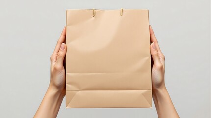 Holding brown paper shopping bag mockup template for branding and retail product packaging presentation