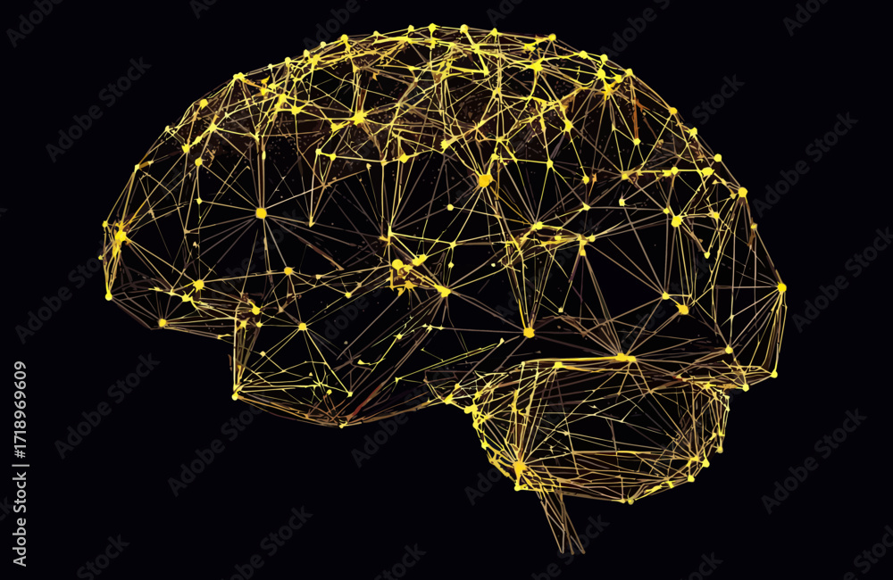 Poster abstract digital wireframe brain with glowing golden nodes and connecting polygonal lines on black b
