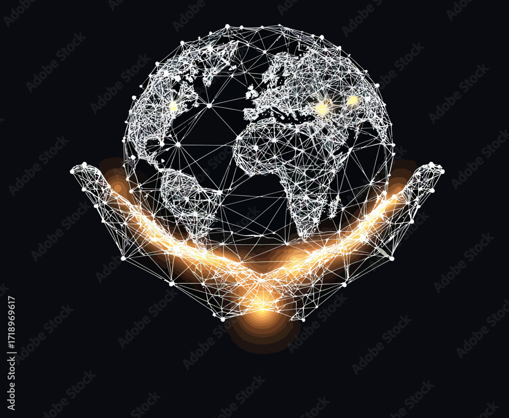 Poster abstract digital hands holding glowing wireframe globe of earth with interconnected network points o