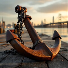Obraz premium Rusty anchor on wooden dock with san francisco bay bridge and skyline in background at sunset view