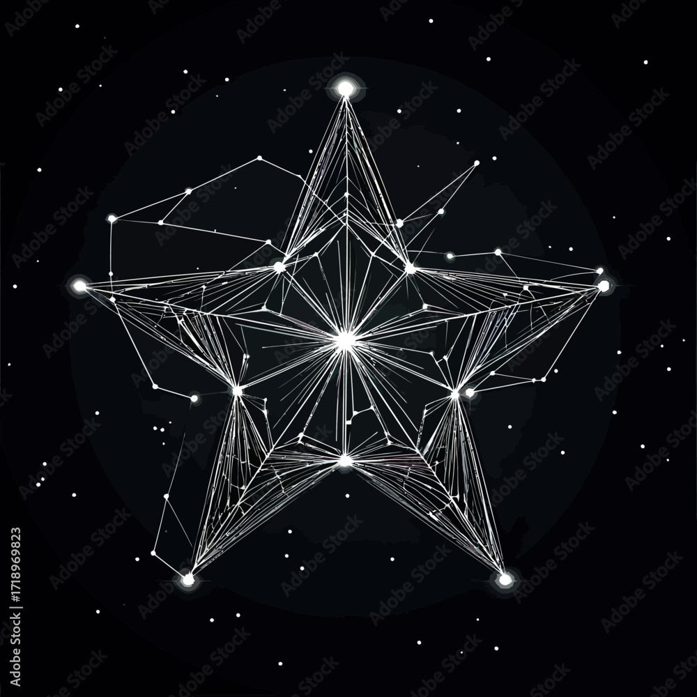 Poster abstract glowing polygonal star with network connections and constellation style lines on dark space
