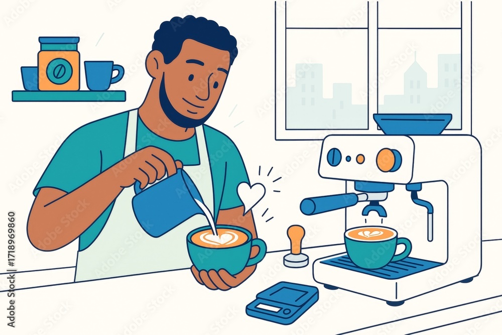 Poster man preparing latte art in home kitchen with espresso machine, smiling while enjoying coffee-making 