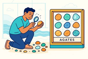 Man examining colorful agates with magnifying glass as part of his rock collecting hobby on light background in creative flat art style. Ai generative