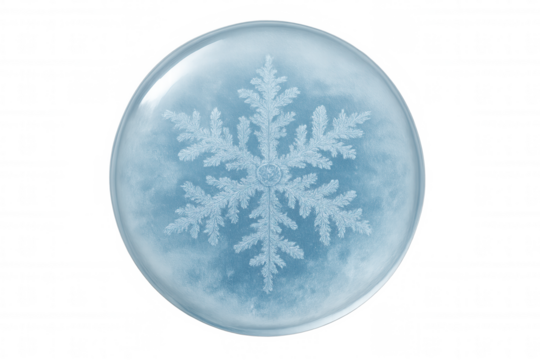 Snowflake frozen inside a translucent ice sphere, symbolizing winter, cold, and seasonal decor