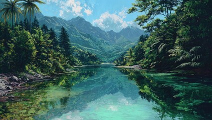 Lush valley with a tranquil lake reflecting mountains and lush vegetation