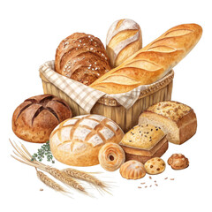 Assorted artisan breads bakery fresh baked goods isolated on a transparent background watercolor