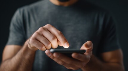 Close up of a man using smartphone in dark environment, touching the screen with his finger, concept of mobile technology and communication
