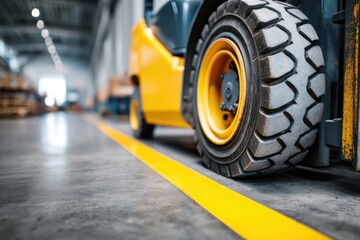 Worn Forklift Tires Polished Concrete Floor with Yellow Line