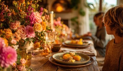 Fototapeta premium Floral dinner setting, warm ambiance