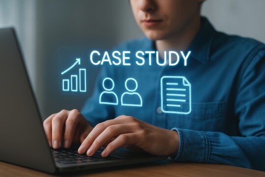 Young person works on laptop analyzing case study data with digital icons displayed