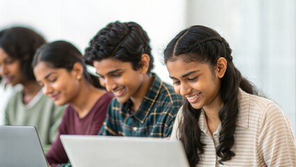 Group of Indian teenagers studying with laptops — collaborative digital learning environment