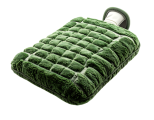 A dark-green, quilted, plush hot water bottle with a fabric carrying handle
