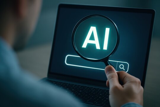 Person examining artificial intelligence ai on laptop screen with magnifying glass in close-up over the shoulder shot