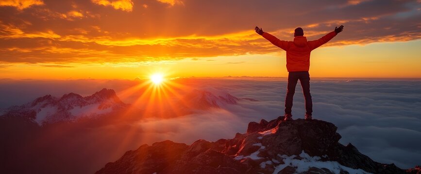 Sunrise view from mountain peak with traveler enjoying the vibrant colors of nature - Powered by Adobe