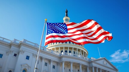United states capitol building washington dc with american flag waving on bright blue sky background view photo