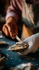 Close-up of a person using a knife to shuck an oyster, wearing a protective glove, capturing culinary precision.