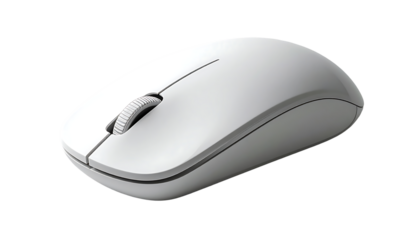 Sleek, white wireless computer mouse; contoured design, single scroll wheel, matte finish
