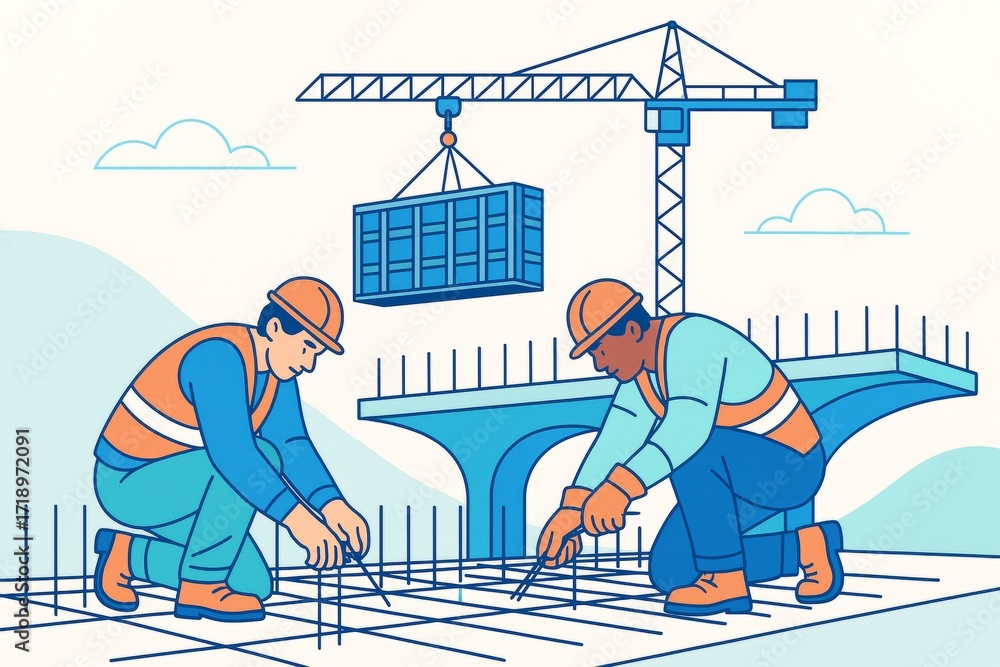 Aufkleber construction workers assembling rebar framework on site with crane and bridge in background, light b