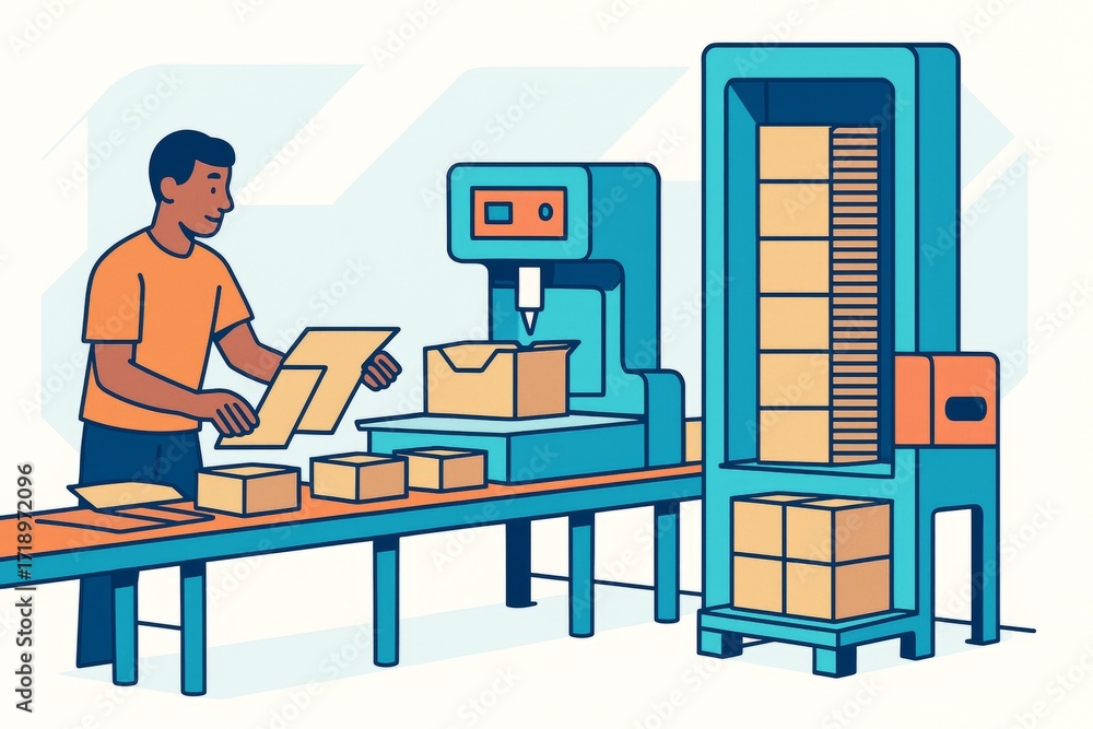 Poster Worker assembling cardboard boxes on automated packaging line in modern light industrial environment with creative illustrated background. Ai generative