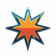 A stylized eight-pointed starburst graphic with a distressed texture and vibrant orange and blue colors.