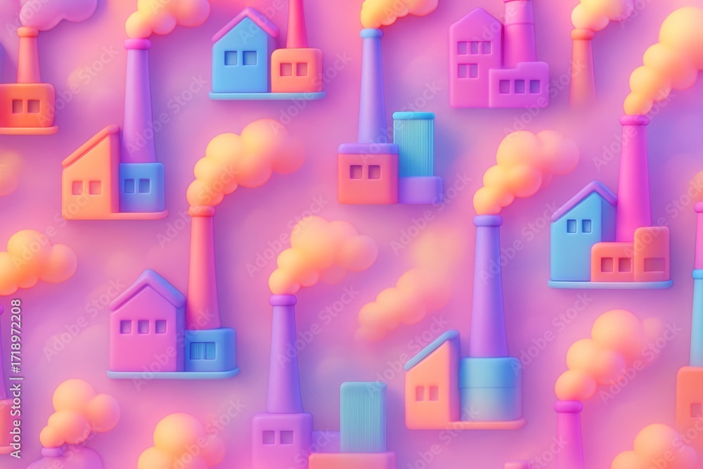 Poster colorful abstract factory buildings with smoke stacks and soft pastel lighting on a seamless backgro