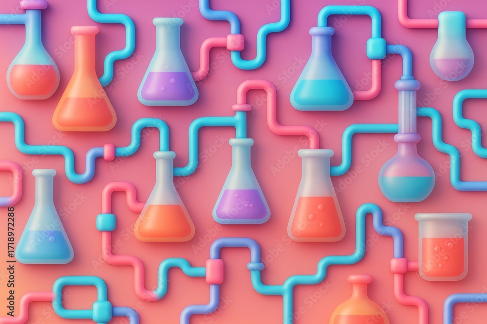 Poster colorful laboratory flasks connected by winding pipes on soft gradient background illustrating scien