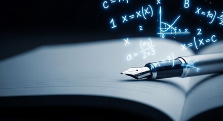 Fountain Pen and Math Equations on Open Book, Conceptual Education.