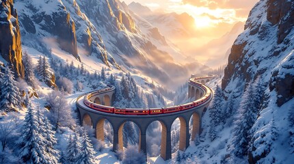 Beautiful winter wonderland train journey scenic view of snowy mountains and bridge landscape art image
