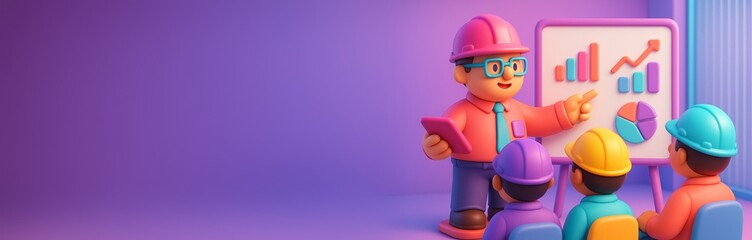 Cartoon-style engineer giving a presentation to workers with colorful graphs on board and purple background, training or education concept scene. Ai generative