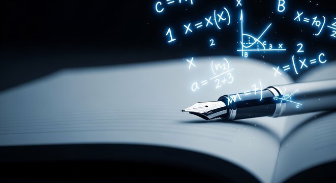 Fountain Pen and Math Equations on Open Book, Conceptual Education.