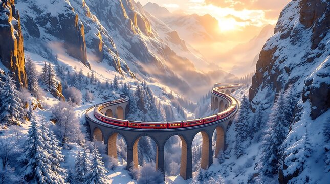 Beautiful winter wonderland train journey scenic view of snowy mountains and bridge landscape art image