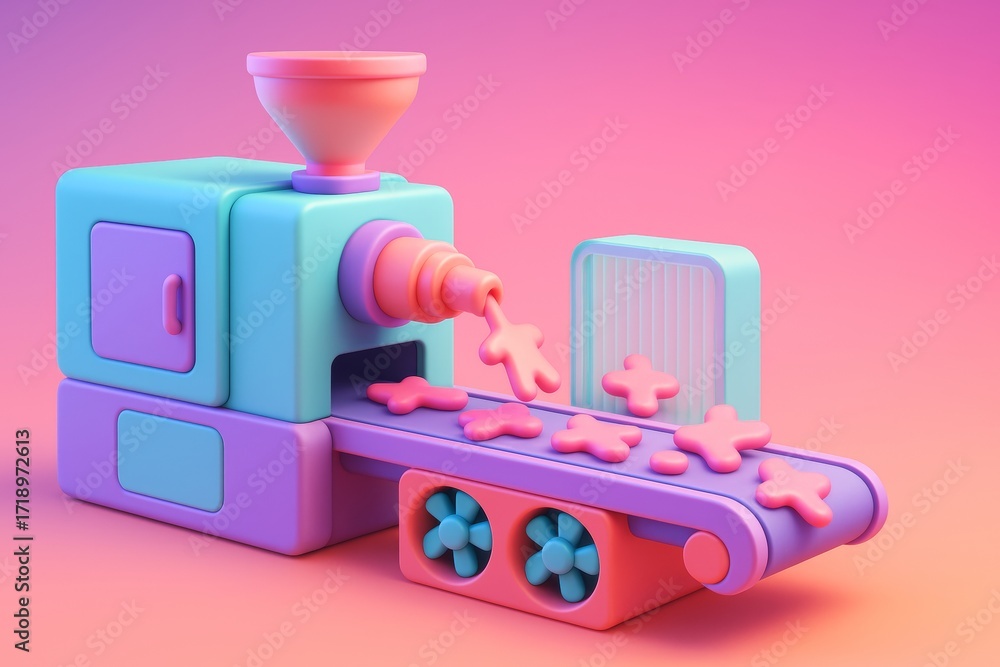 Poster colorful toy-like machine extruding human-shaped objects on conveyor with fans, on pink gradient bac