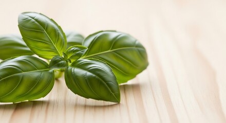 Fresh Basil Leaves on Wooden Surface, Vibrant Green, Close-up, Natural Light.