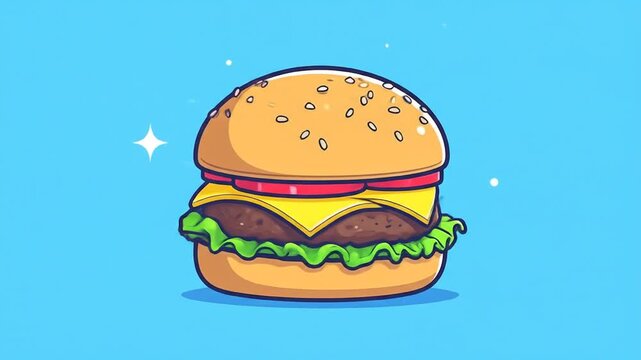 A delicious cartoon cheeseburger with lettuce, tomato, and a sesame seed bun on a bright blue background with sparkles.