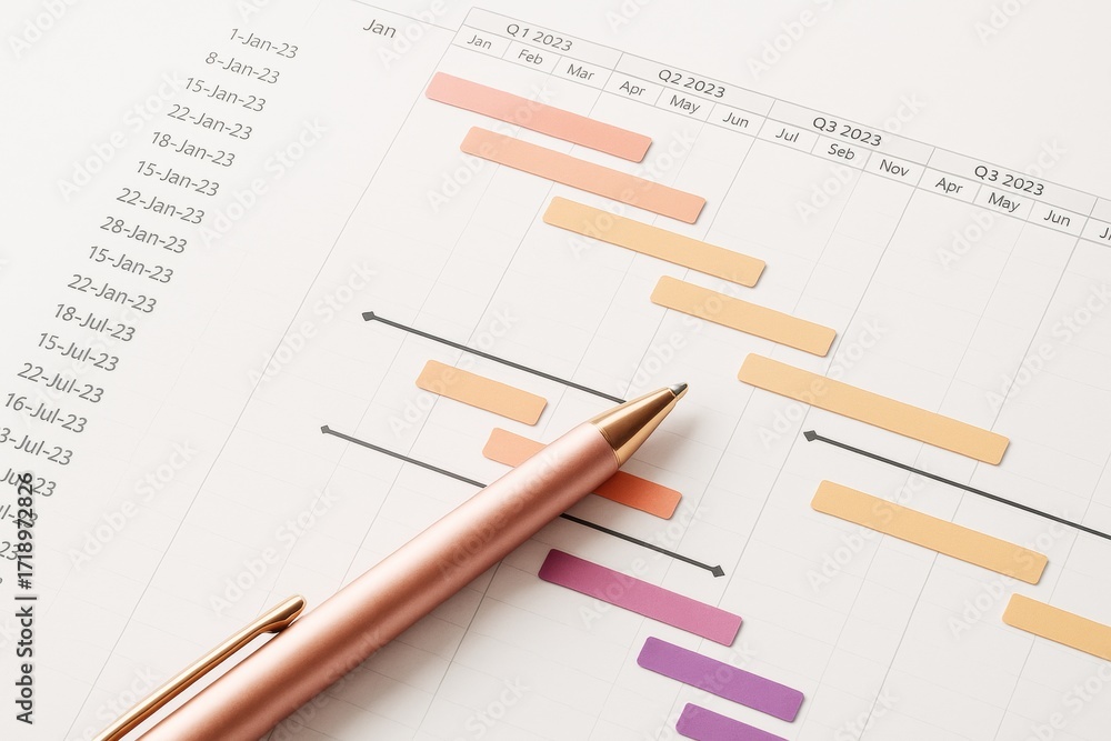 Poster project timeline chart with colorful gantt bars and elegant pen on clean background, representing bu