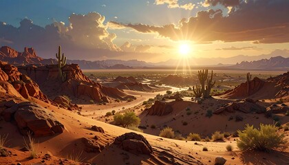 Majestic desert landscape at sunset with cacti