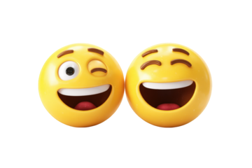 Two cartoon faces, one winking, one laughing.  Smiling, joyful