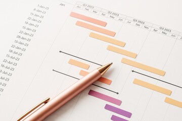 Project timeline chart with colorful Gantt bars and elegant pen on clean background, representing business planning and scheduling concept.