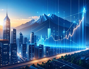 Futuristic city skyline with financial data overlay