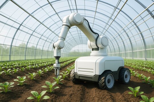 Futuristic robotic arm cultivating young plants in a greenhouse with natural light background, symbolizing smart farming technology. Ai generative