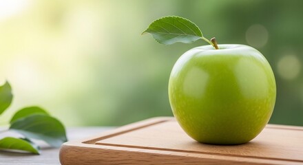 Fresh Granny Smith Apple with Leaf on Wooden Board, Soft Green Background