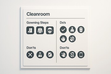 Cleanroom gowning and safety rules sign with icons for do's and don'ts, displayed on a white wall background in an industrial concept style. Ai generative