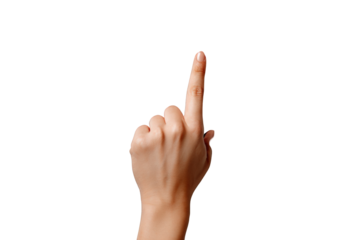 A light-skinned hand pointing upward against a black background